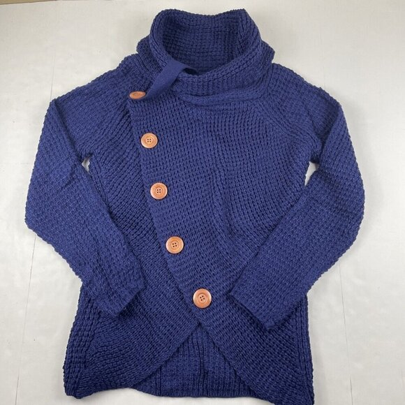 Grecerelle Cowl Neck Sweater Women’s M Navy Chunky Knit  Large Button Cozy - Picture 1 of 11